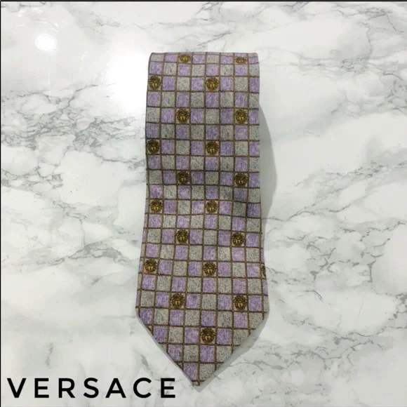 Versace Purple Grey Checkered Medusa Print Tie EUC - Picture 2 of 6